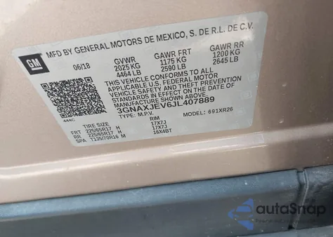 2018 Chevrolet Equinox Lt z USA, uszkodzony, nr VIN 3GNAXJEV6JL407889